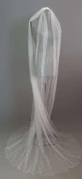 Kristal Kesme Taşlı İncili Krem Renk Tek Kat Hayal Tül Duvak – 2mt Boy, 3mt En